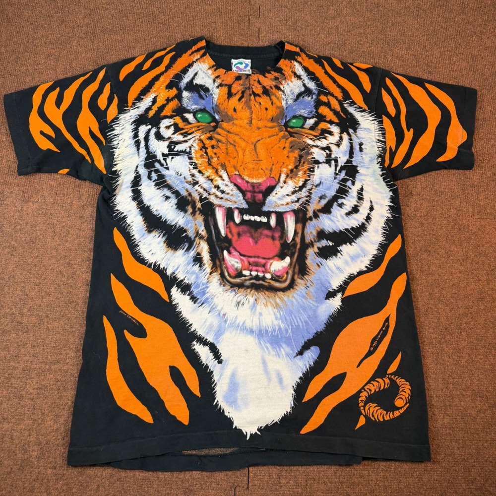 Liquid Blue Tiger All Over Print Shirt Mens Large Vintage 90s John Connell Black